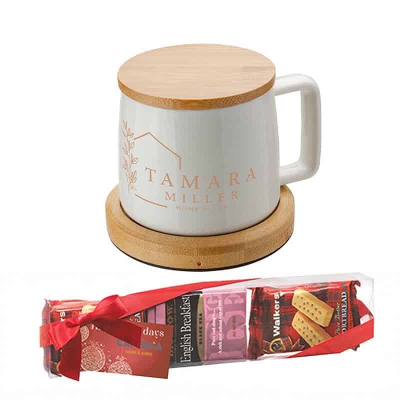 custom branded mug warmer and tea set for employee gifting
