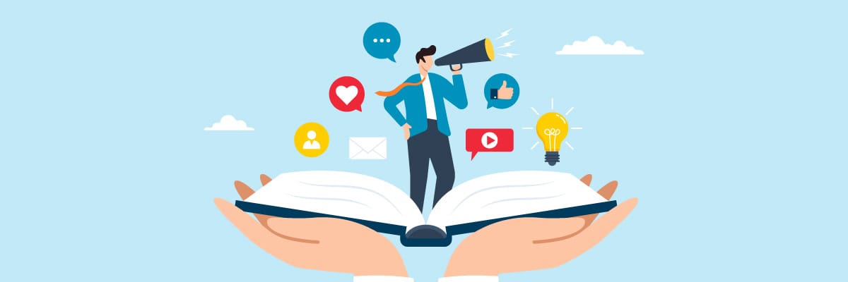 two hands holding book with business man sharing story telling and announcements