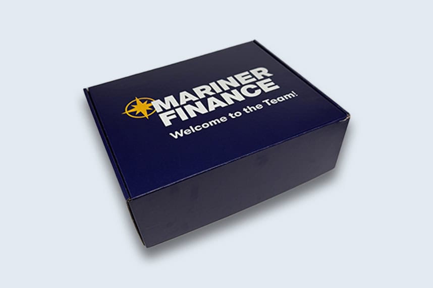 Custom branded gift box for Mariner Finance open enrolment season provided by Strategic Factory.