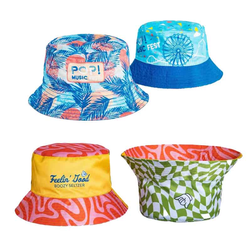 Custom and colorful branded bucket hats made by Strategic Factory.