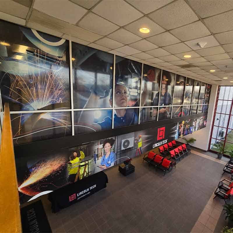 Lincoln Tech branded lobby, windows and signage by Strategic Factory.