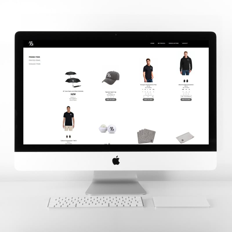 MOI cusotm company store for ordering on-demand branded apparel, promotional products, print, and signage goods