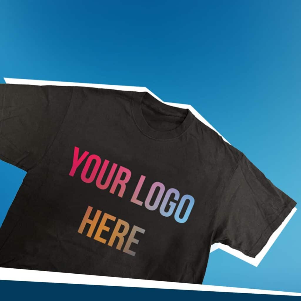 A black t - shirt with the words, your logo here and a blue background.