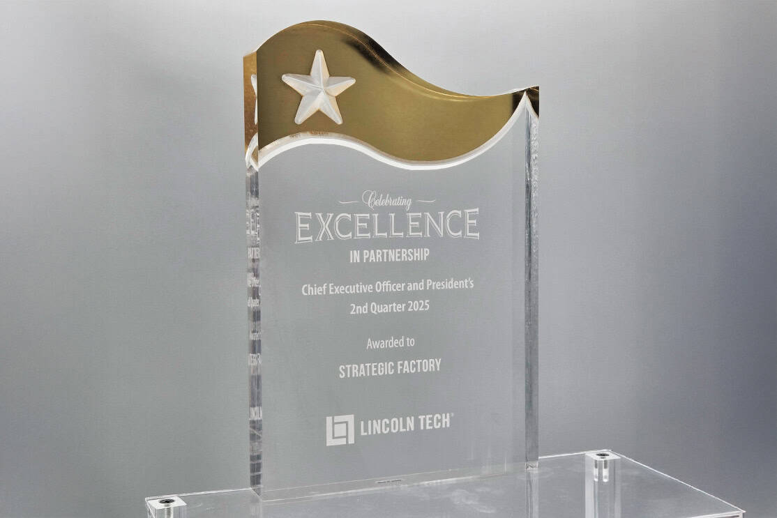 clear glass Lincoln Tech Excellence in partnership award for strategic factory