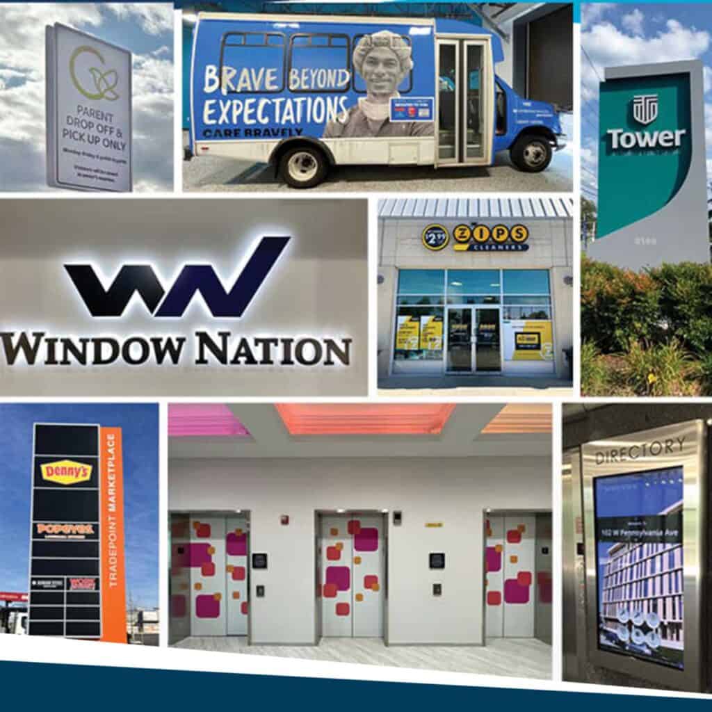 A collage of different types of business signs manufactured by Strategic Factory.