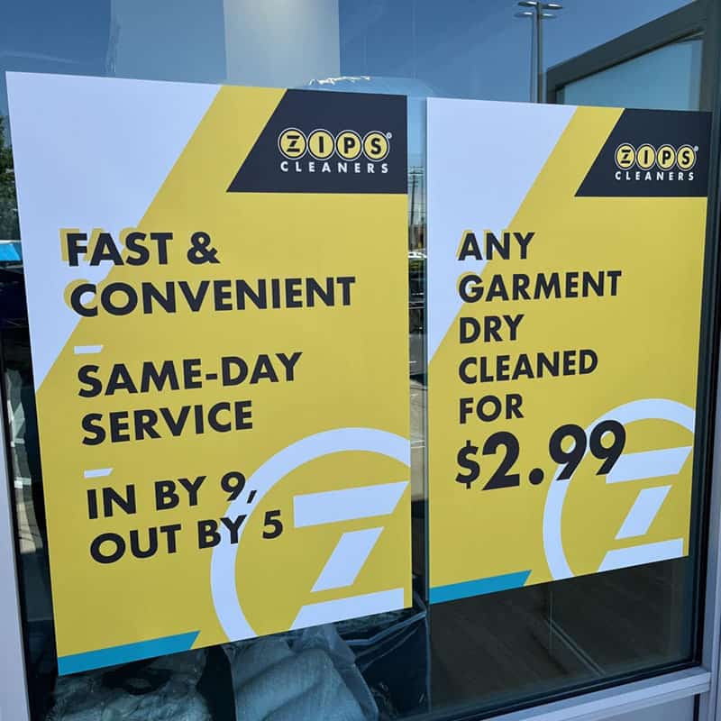 Window decals branded for Zips drycleaners