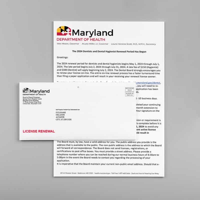 Maryland Department of Health Renewal Letters