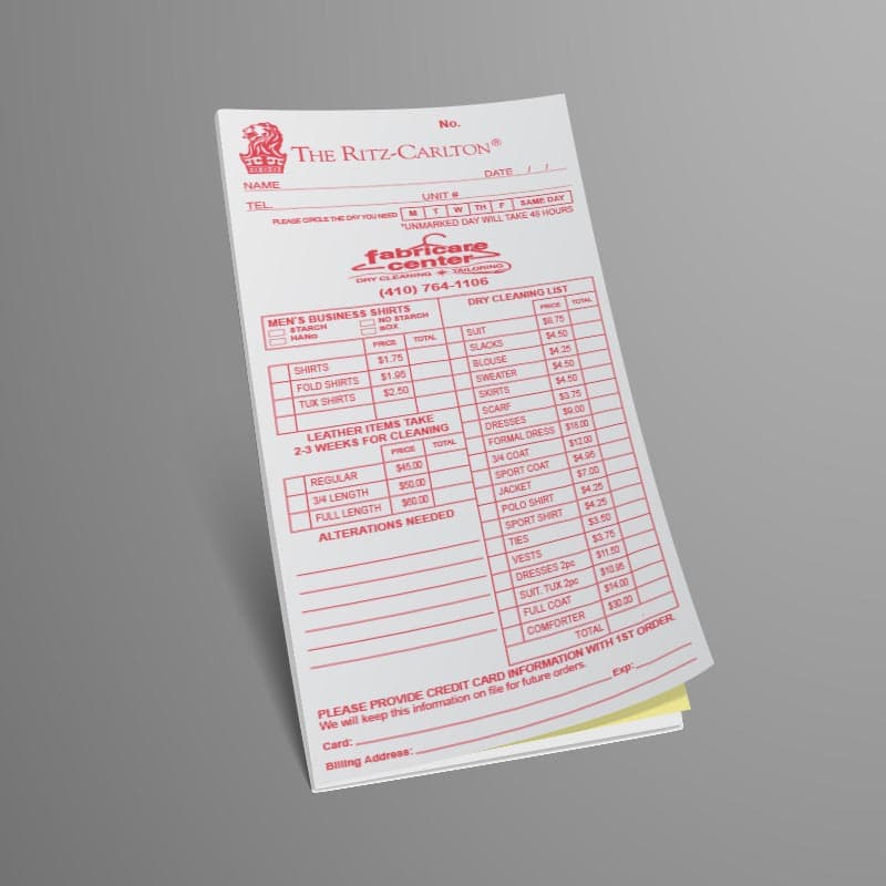 Fabricare Center Carbonless Form