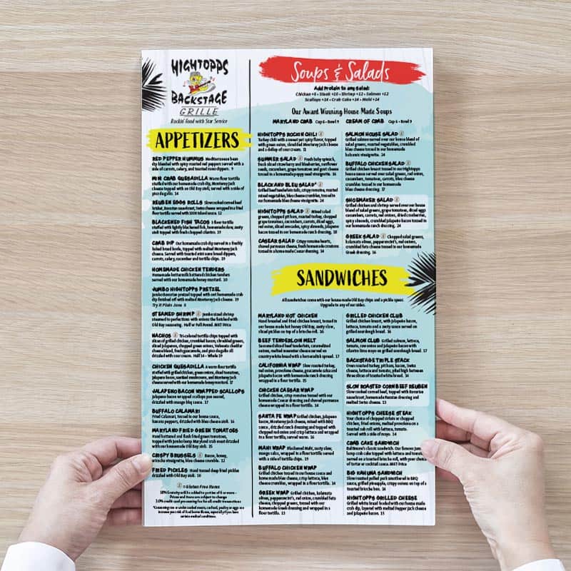 Hightopps Backstage Grill Menus