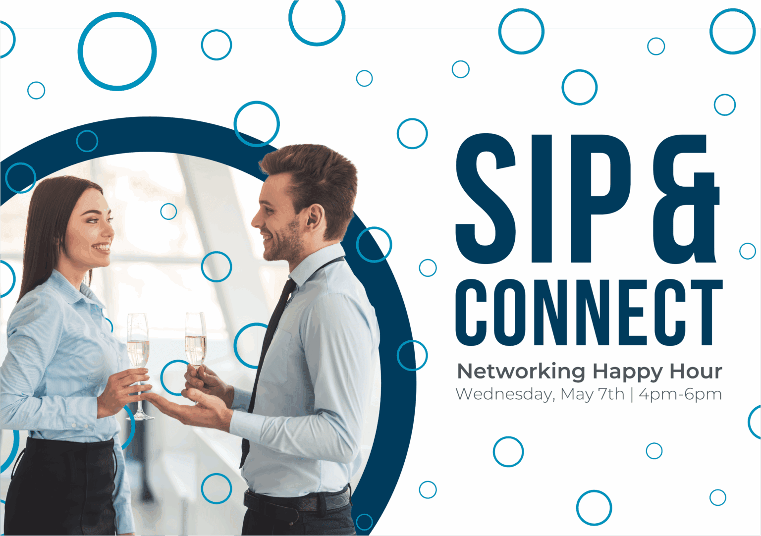 Professionals networking at a happy hour for Strategic Factory Sip and Connect promotion.