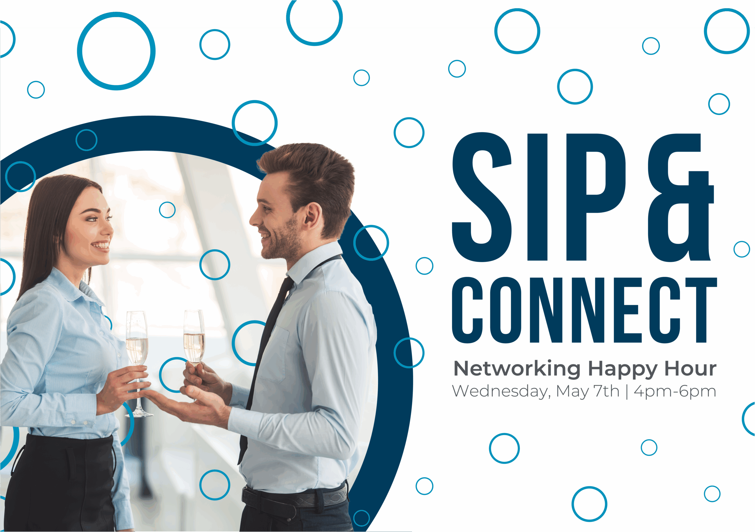 Professionals networking at a happy hour for Strategic Factory Sip and Connect promotion.